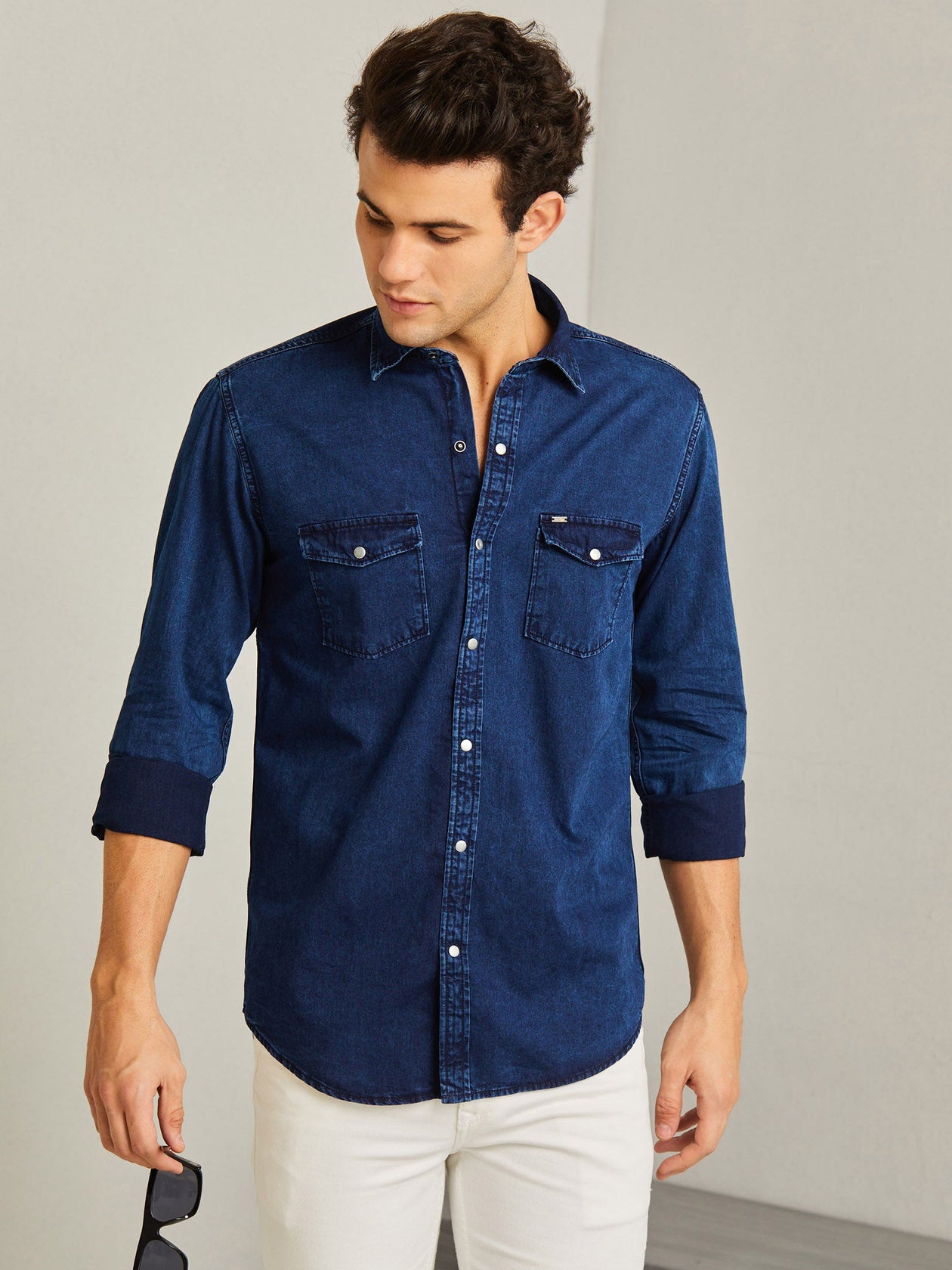 Buy Navy Twill Denim Shirt for Men Online Red Flame