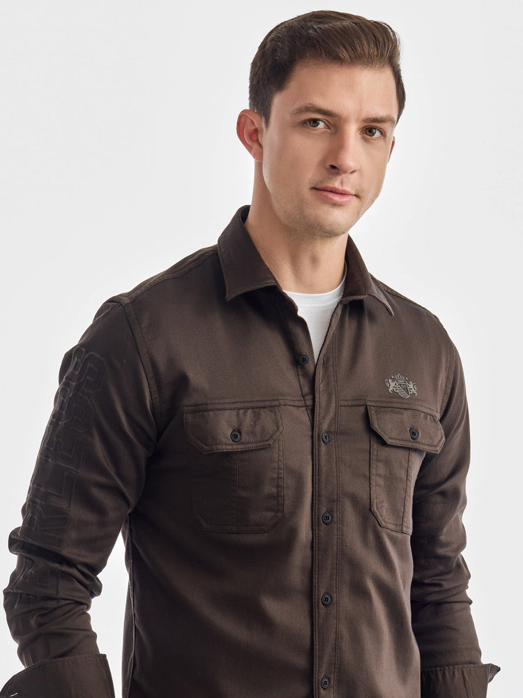 Brown Solid Denim Shirt