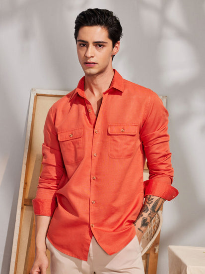 Orange Linen Cargo Shirt