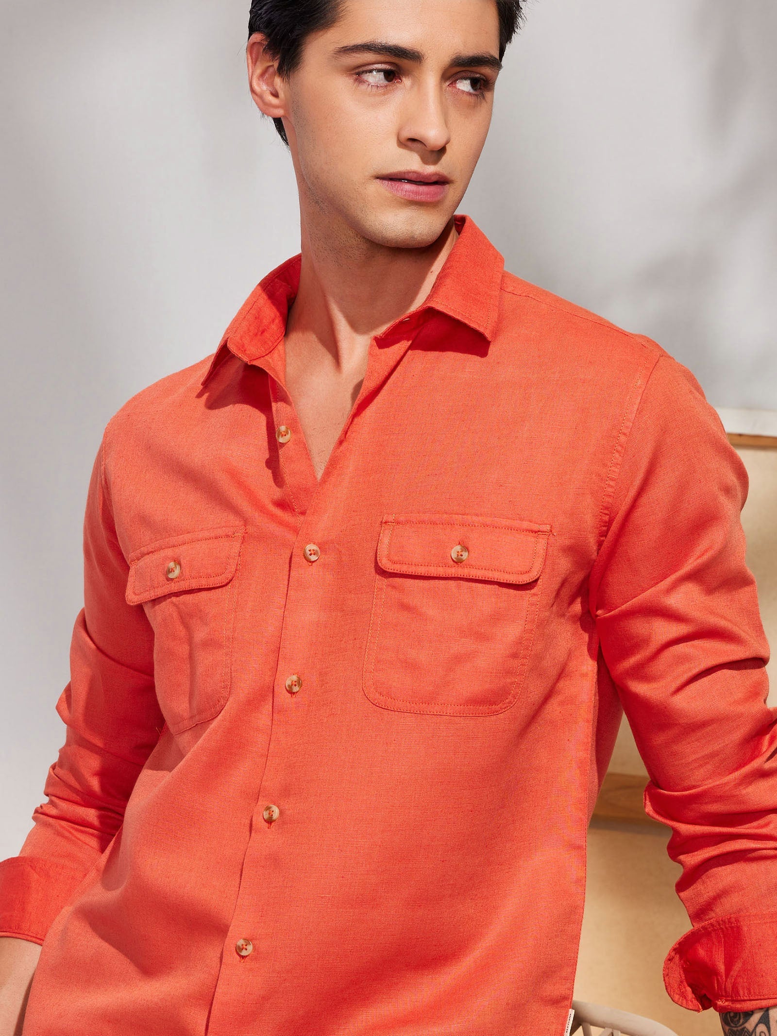 Orange Linen Cargo Shirt