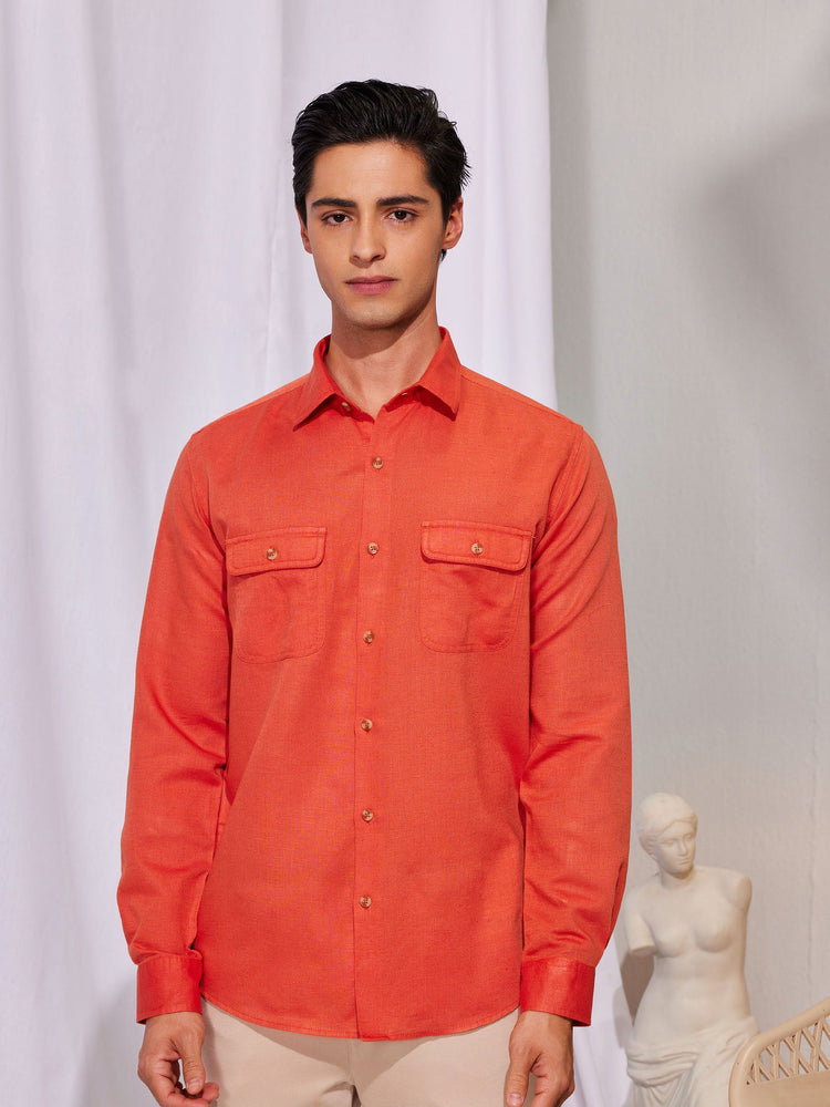 Orange Linen Cargo Shirt