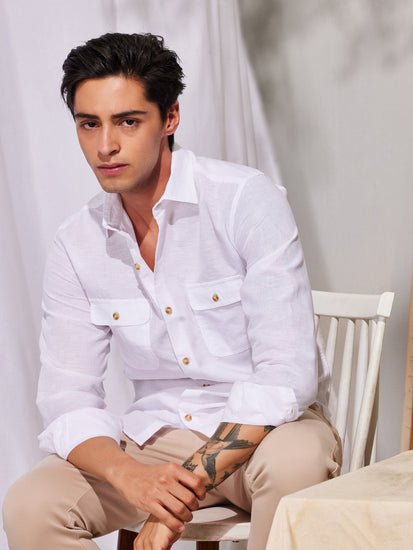 White Linen Cargo Shirt