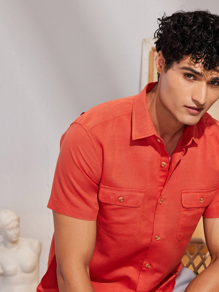 Orange Linen Cargo Shirt