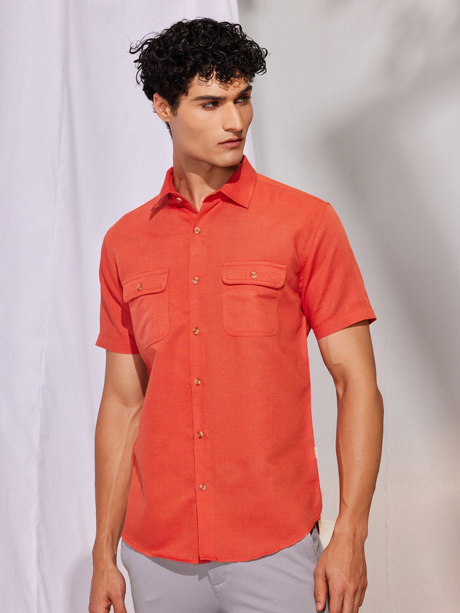 Orange Linen Cargo Shirt