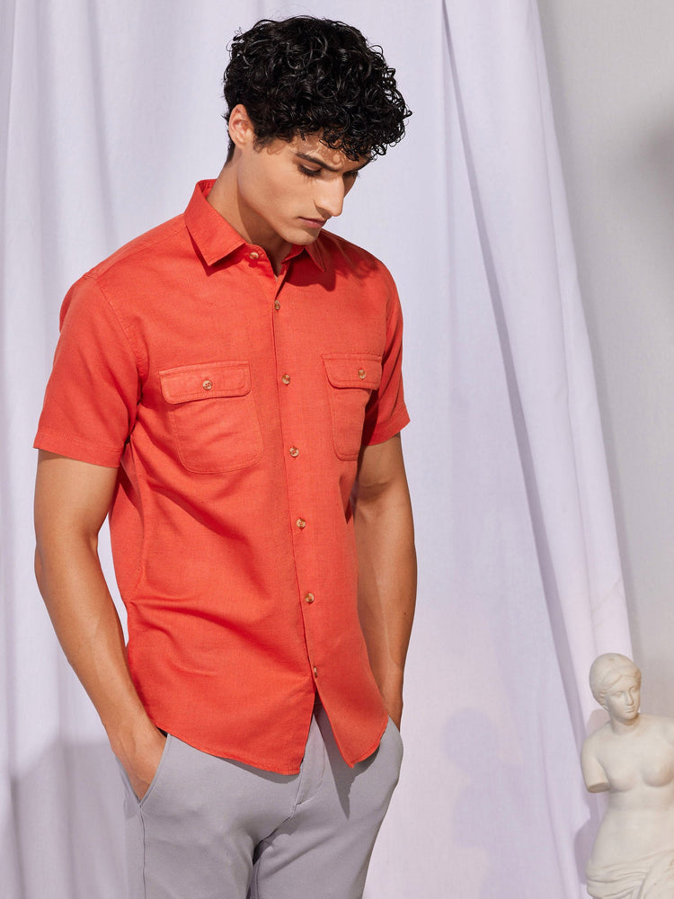 Orange Linen Cargo Shirt