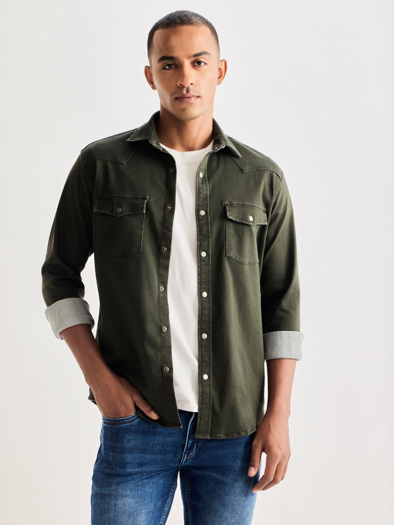 Olive Solid Denim Shirt