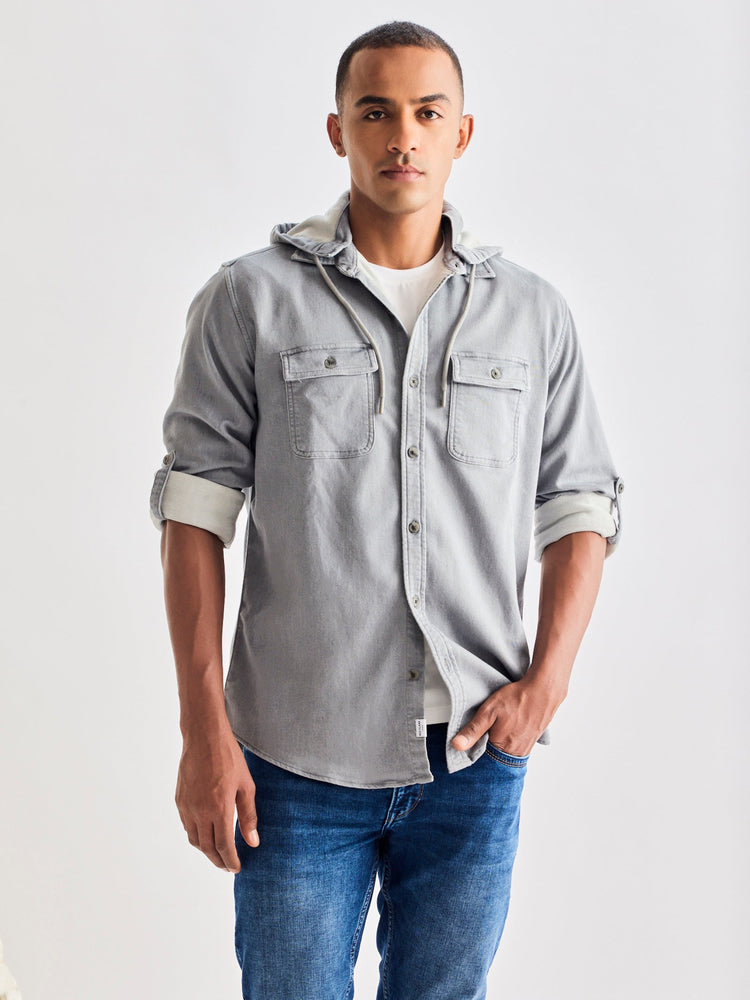 Grey Hooded Denim Shirt