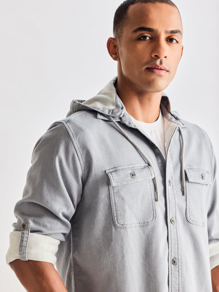 Grey Hooded Denim Shirt