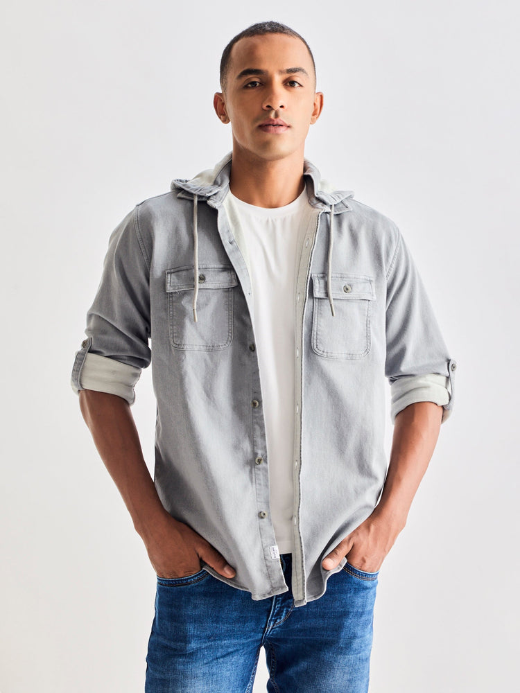 Grey Hooded Denim Shirt