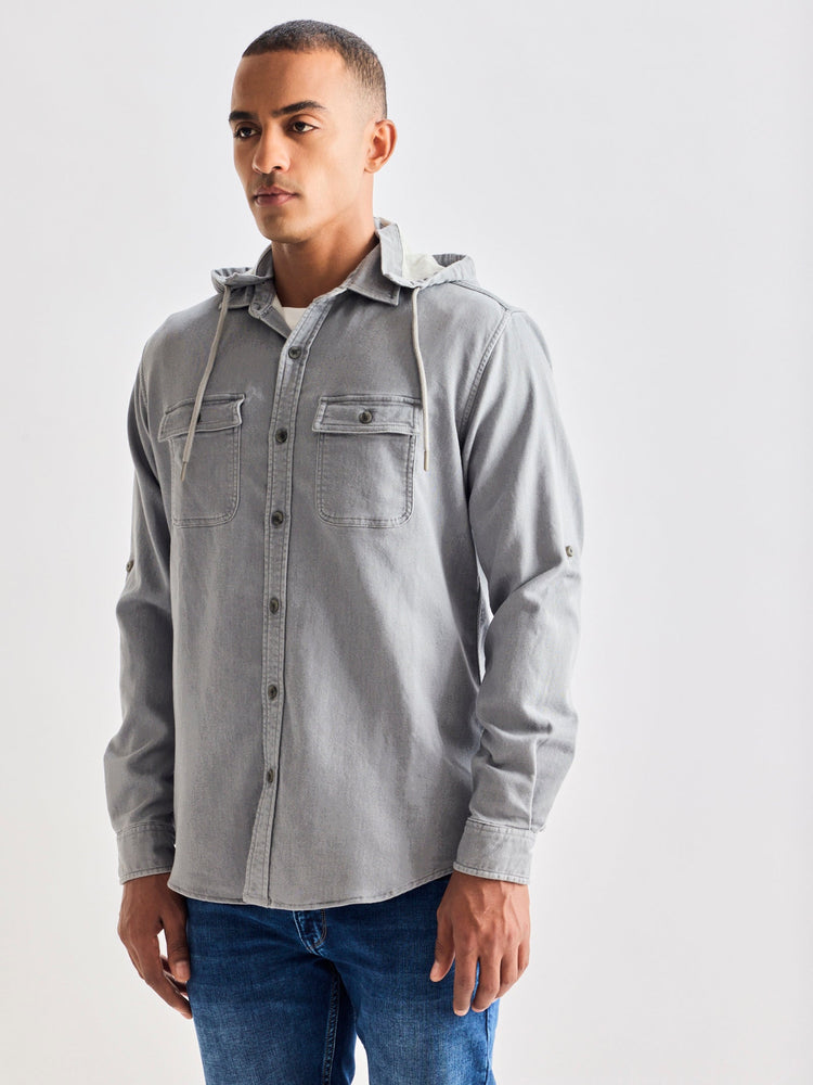 Grey Hooded Denim Shirt