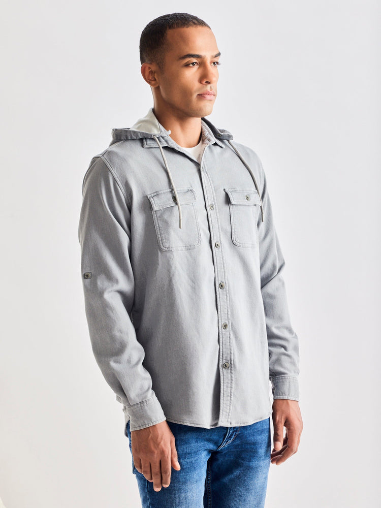 Grey Hooded Denim Shirt