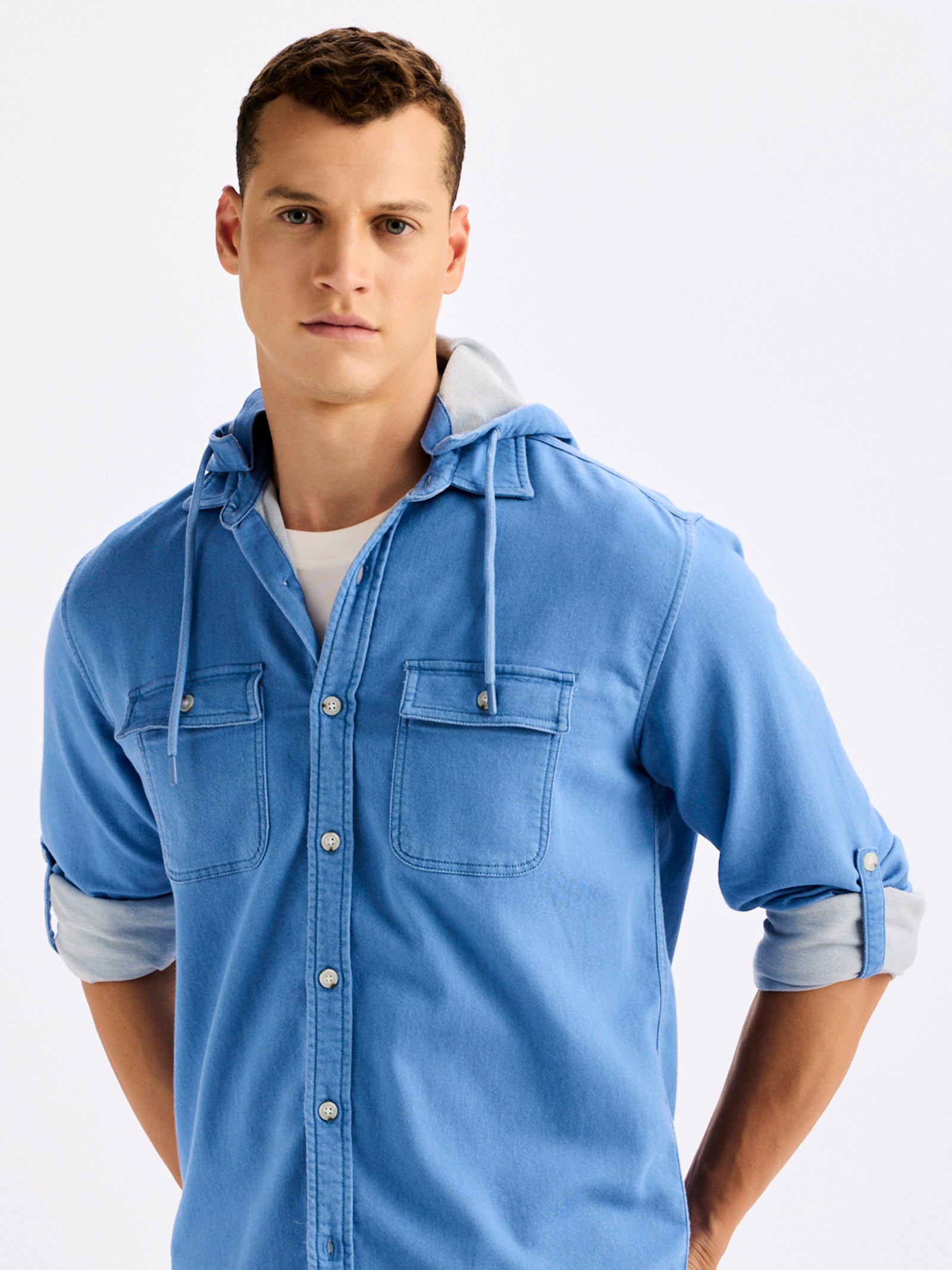 Buy Blue Hooded Denim Shirt for Men Online Red Flame