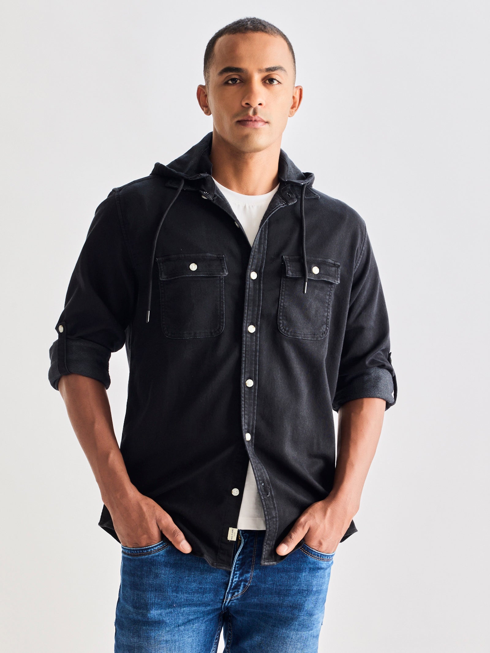 Buy Black Hooded Denim Shirt for Men Online Red Flame