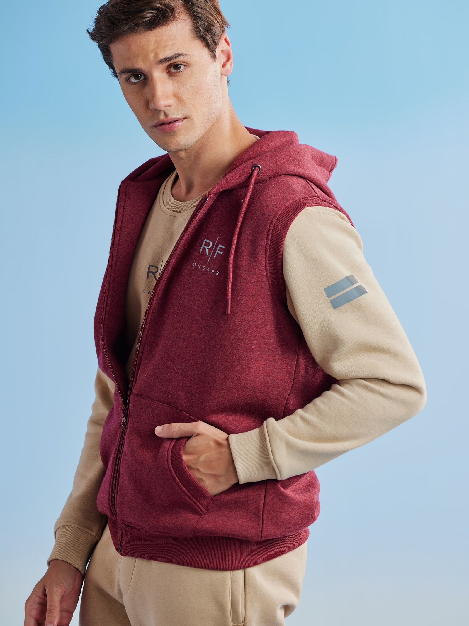 Red Fleece Sleeve Less Hooded Sweatshirt