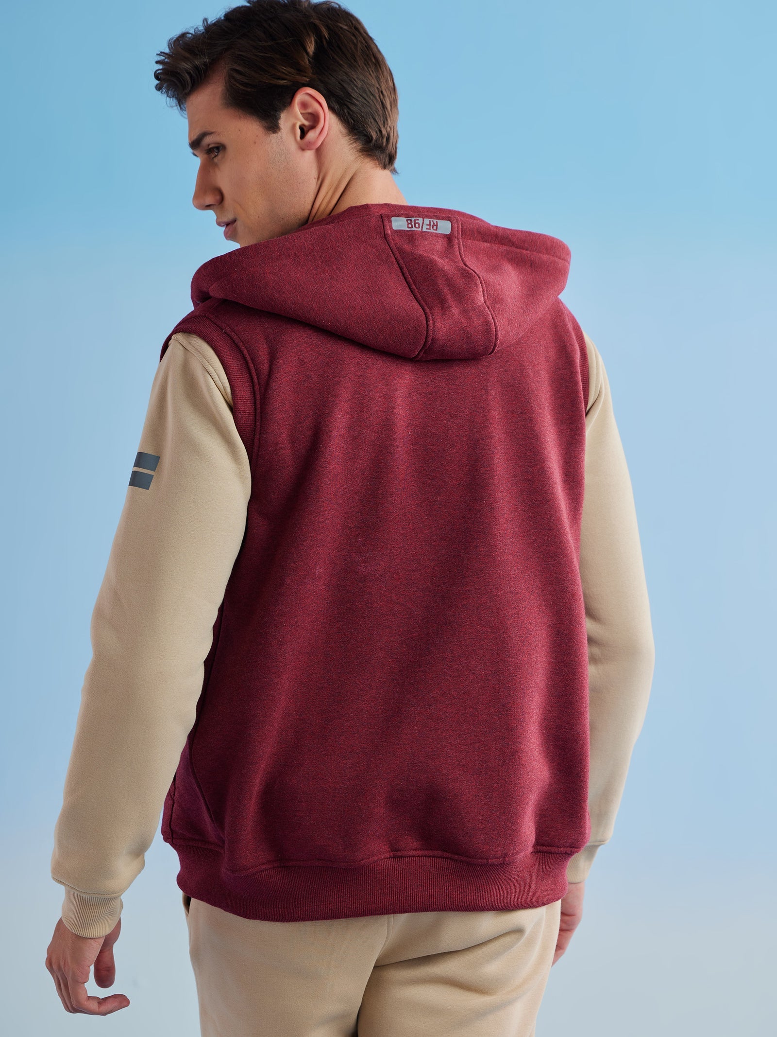 Red Fleece Sleeve Less Hooded Sweatshirt