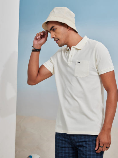 Cream Solid Stretch Polo T-Shirt