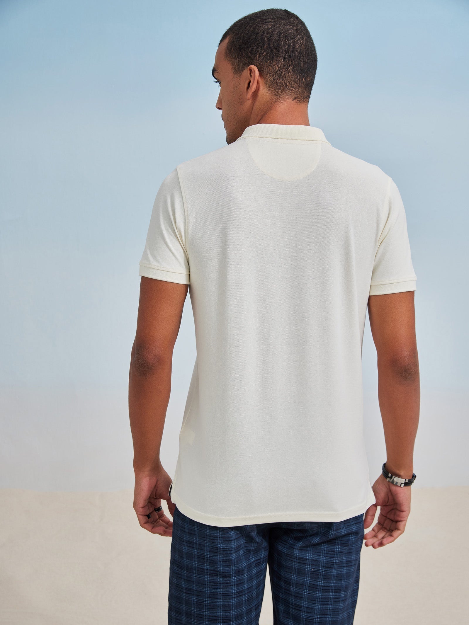 Cream Solid Stretch Polo T-Shirt