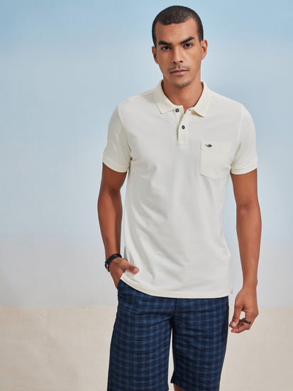 Cream Solid Stretch Polo T-Shirt