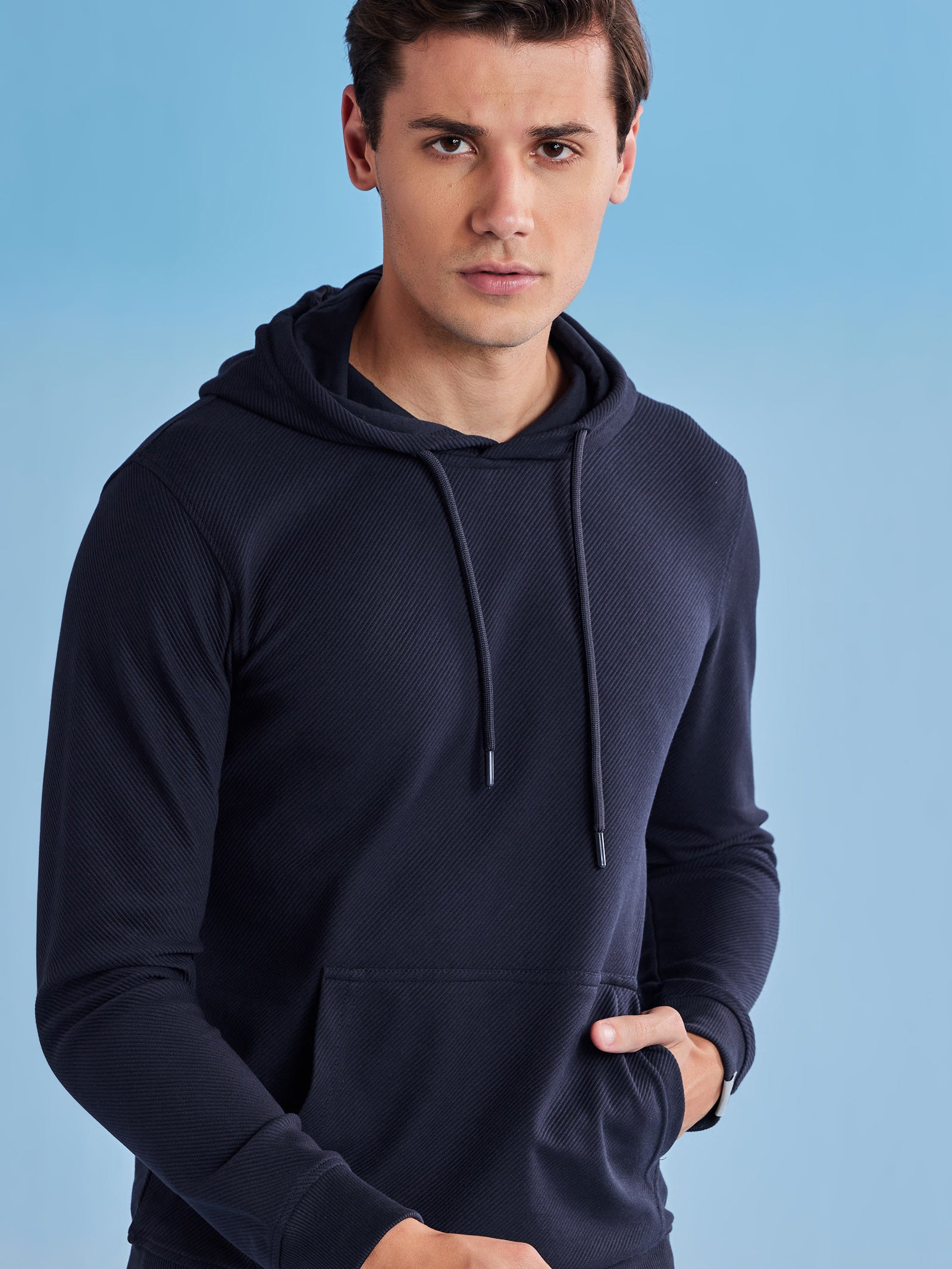 Navy Ottoman Crew Neck Hooded Sweatshirt