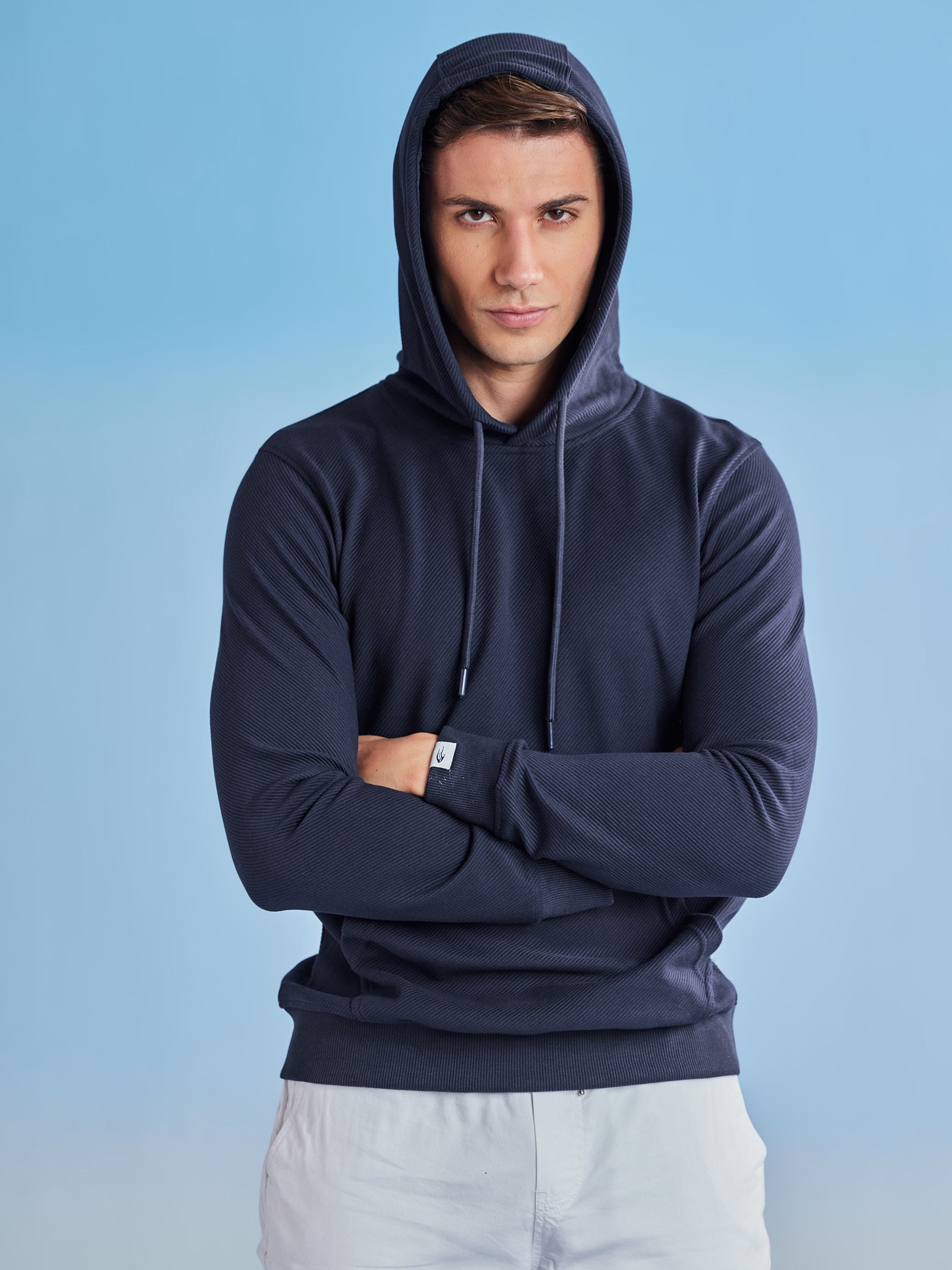 Navy Ottoman Crew Neck Hooded Sweatshirt