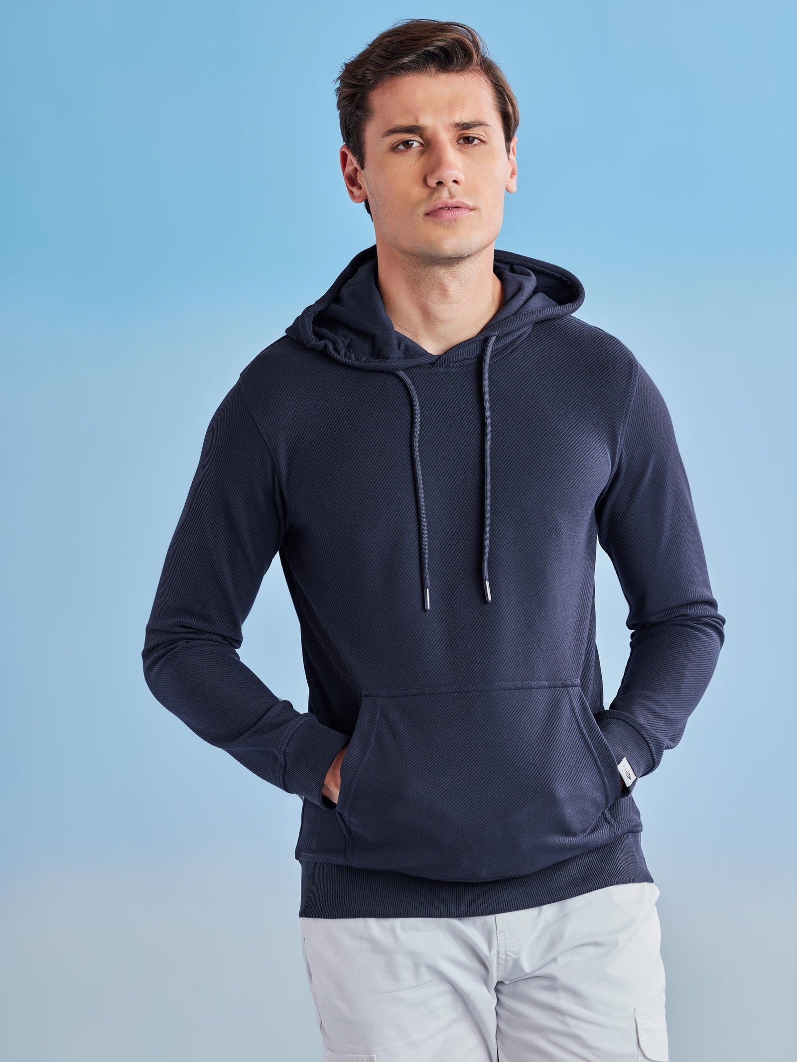 Navy Ottoman Crew Neck Hooded Sweatshirt