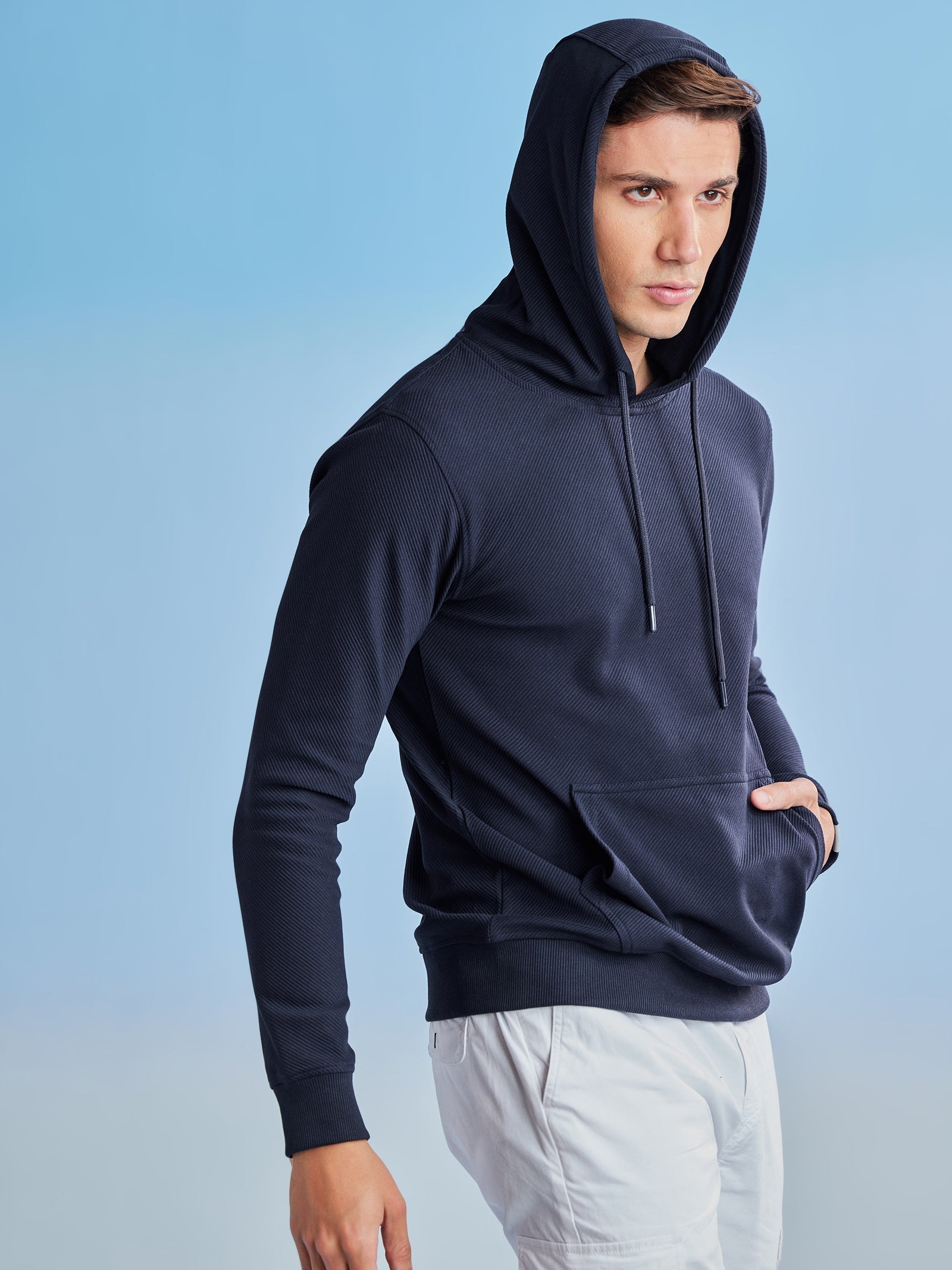 Navy Ottoman Crew Neck Hooded Sweatshirt