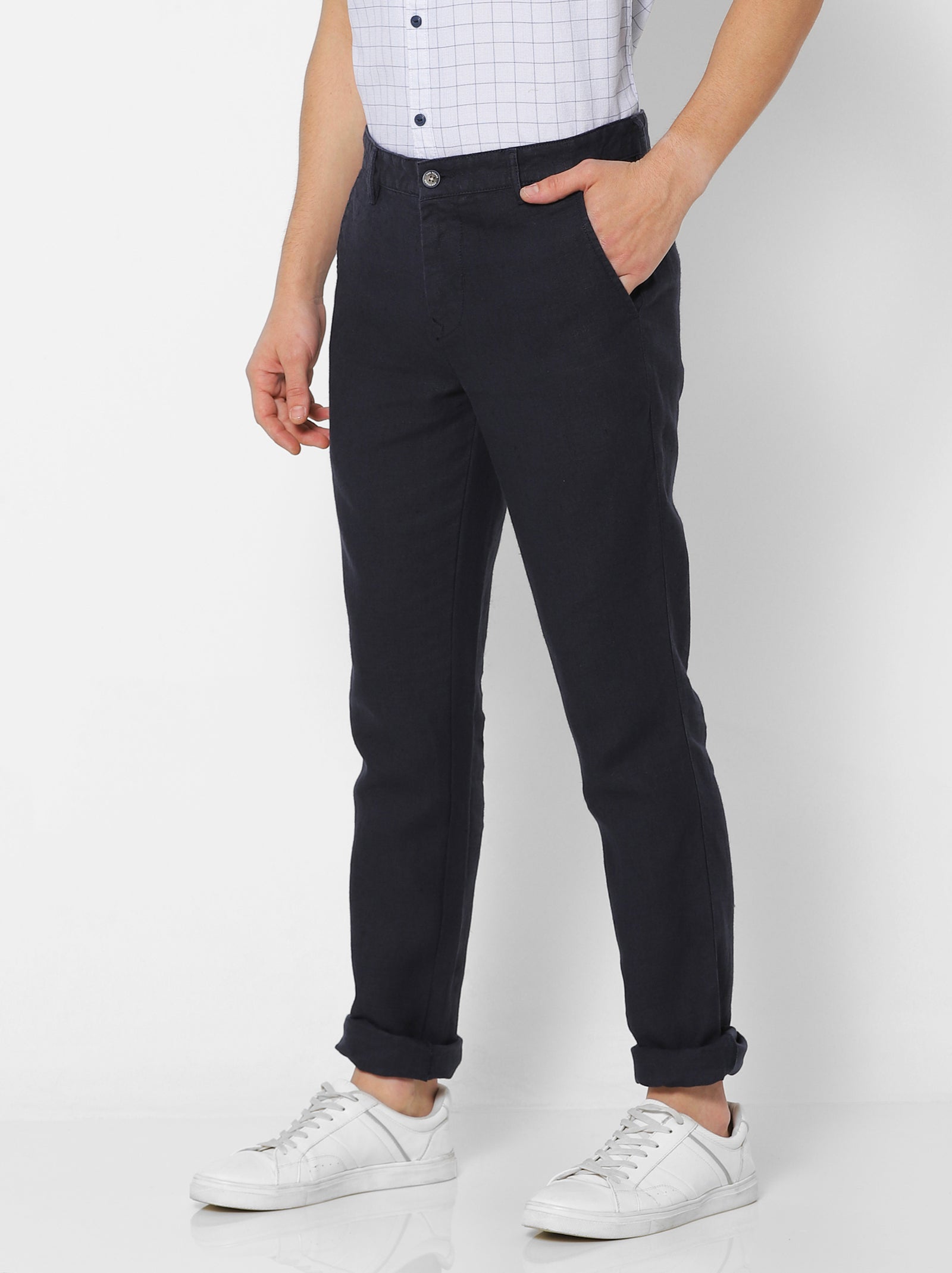 Navy Linens Solid Slim Fit Trouser