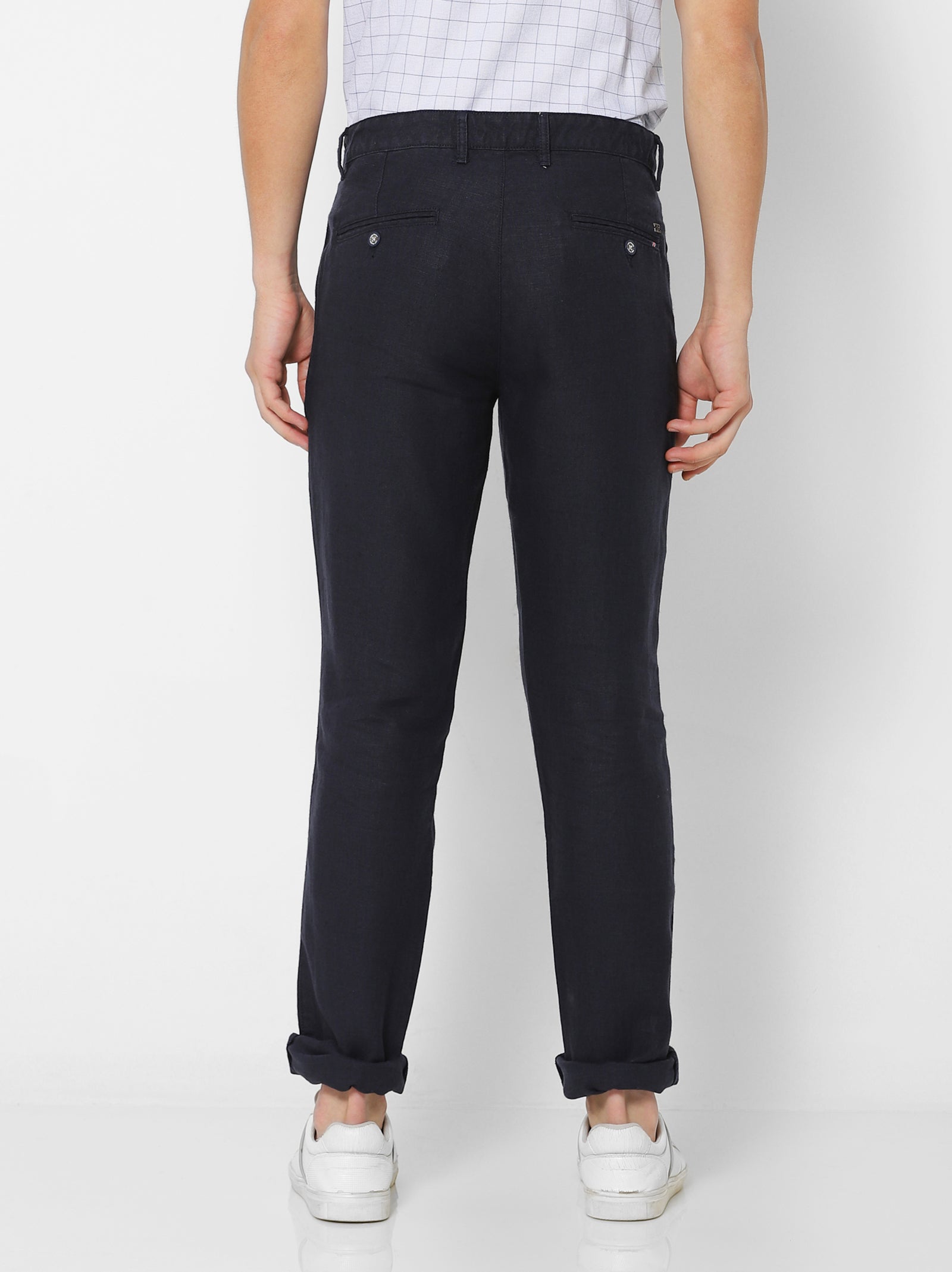 Navy Linens Solid Slim Fit Trouser