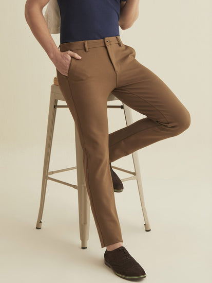 Brown Solid 4-Way Stretch Ultra Slim Fit Trouser