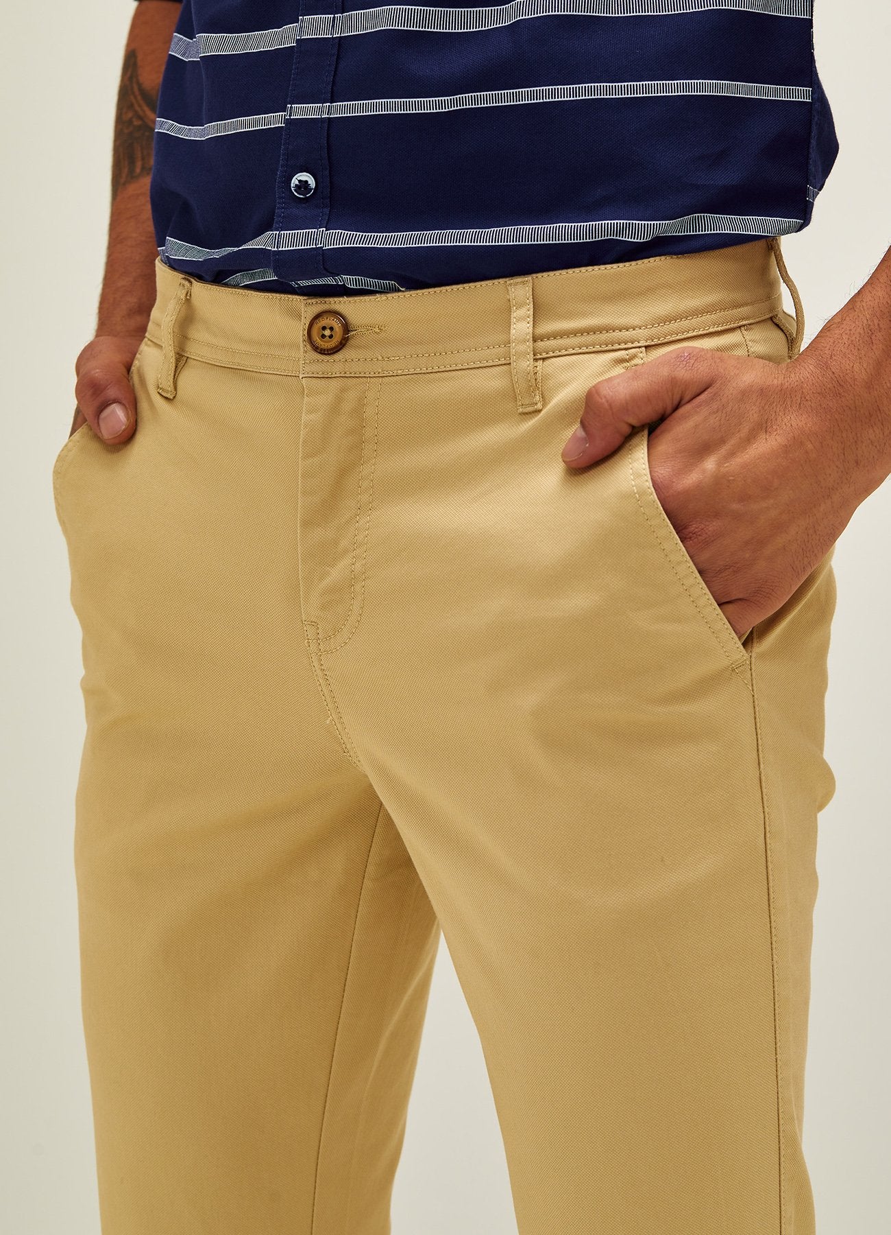 Cream Solid Stretch Slim Fit Trouser