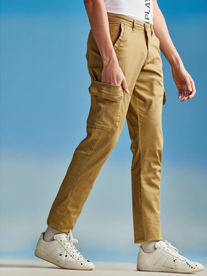Khaki Satin Stretch Cargo Trouser