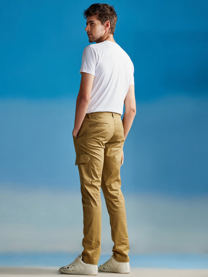 Khaki Satin Stretch Cargo Trouser