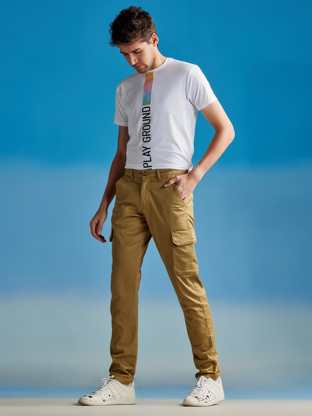 Buy Khaki Satin Stretch Cargo Trouser for Men Online Red Flame