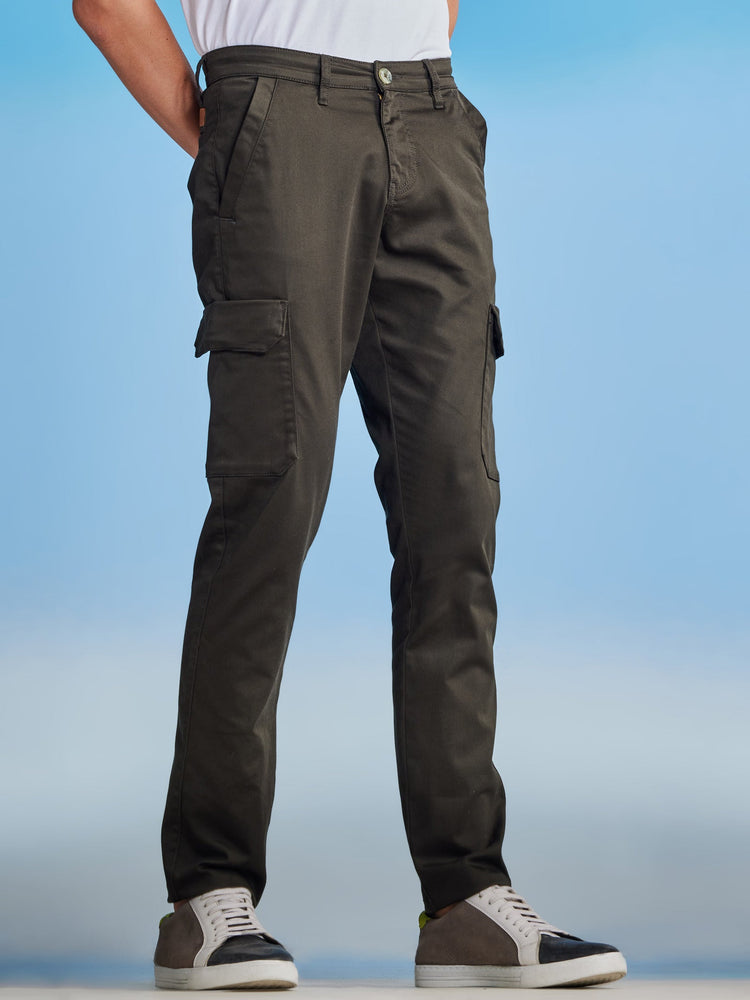 Olive Satin Stretch Cargo Trouser