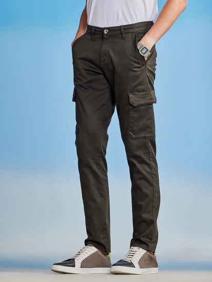 Olive Satin Stretch Cargo Trouser