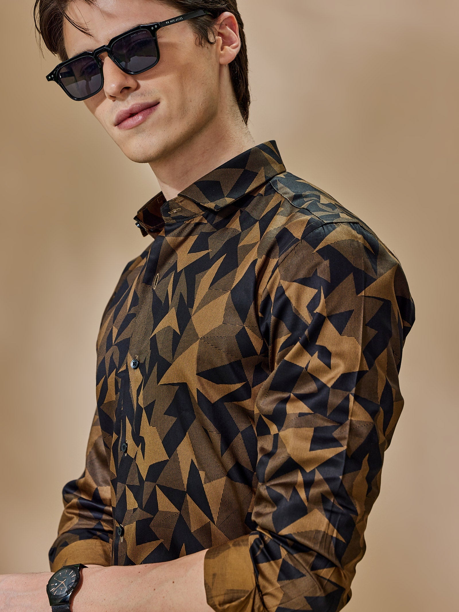 Khaki Printed Party Wear Shirt