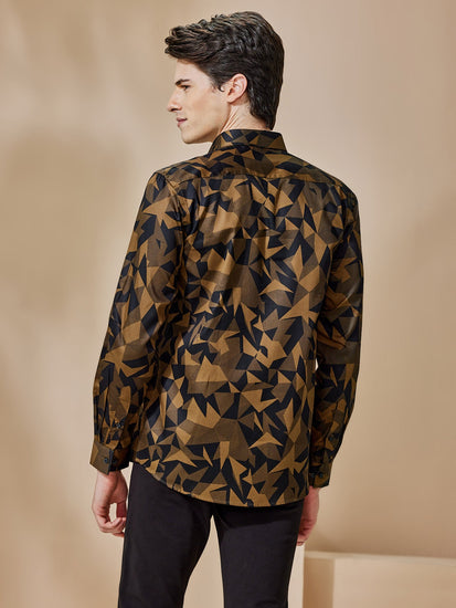 Khaki Printed Party Wear Shirt