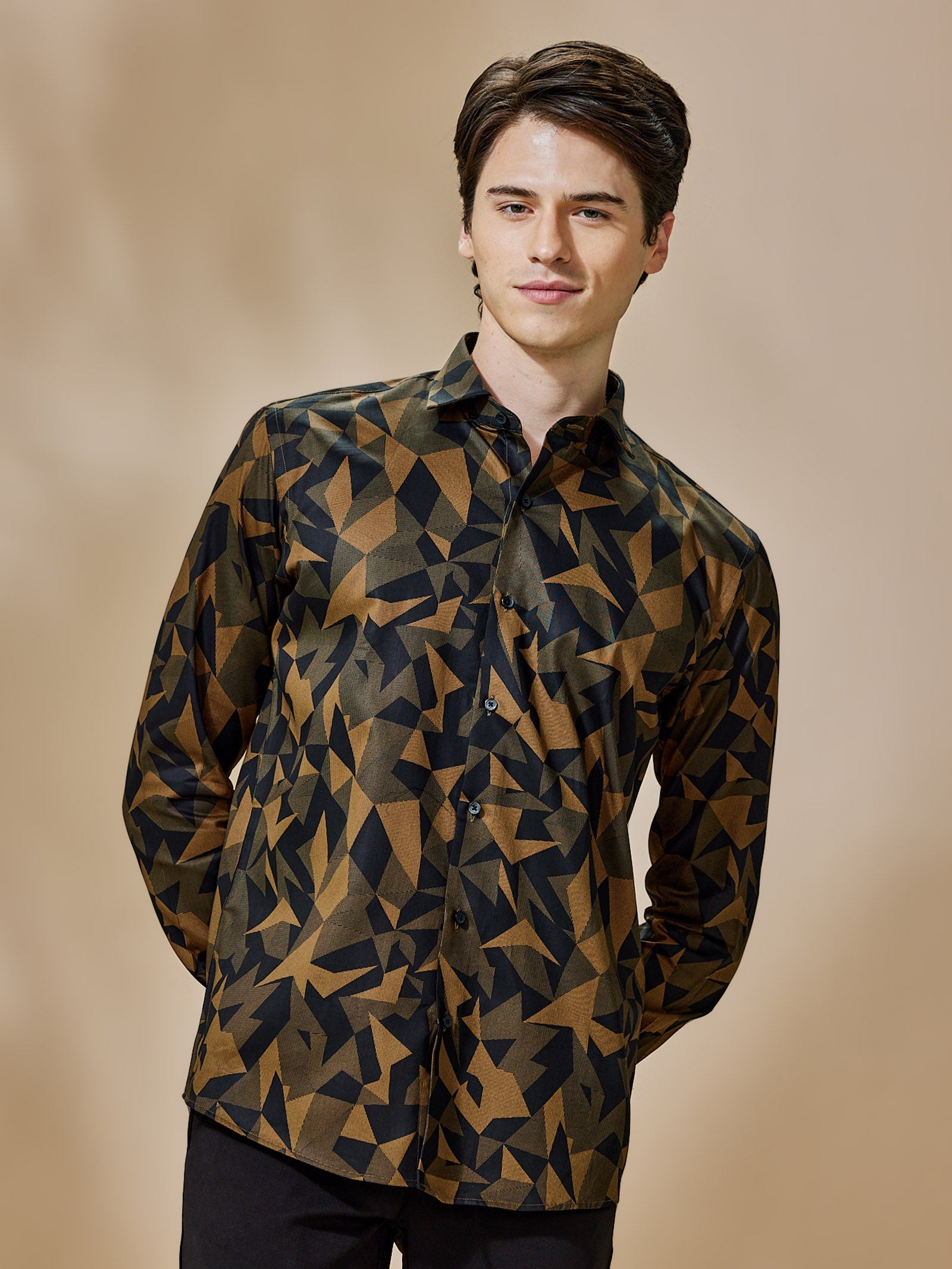 Khaki Printed Party Wear Shirt