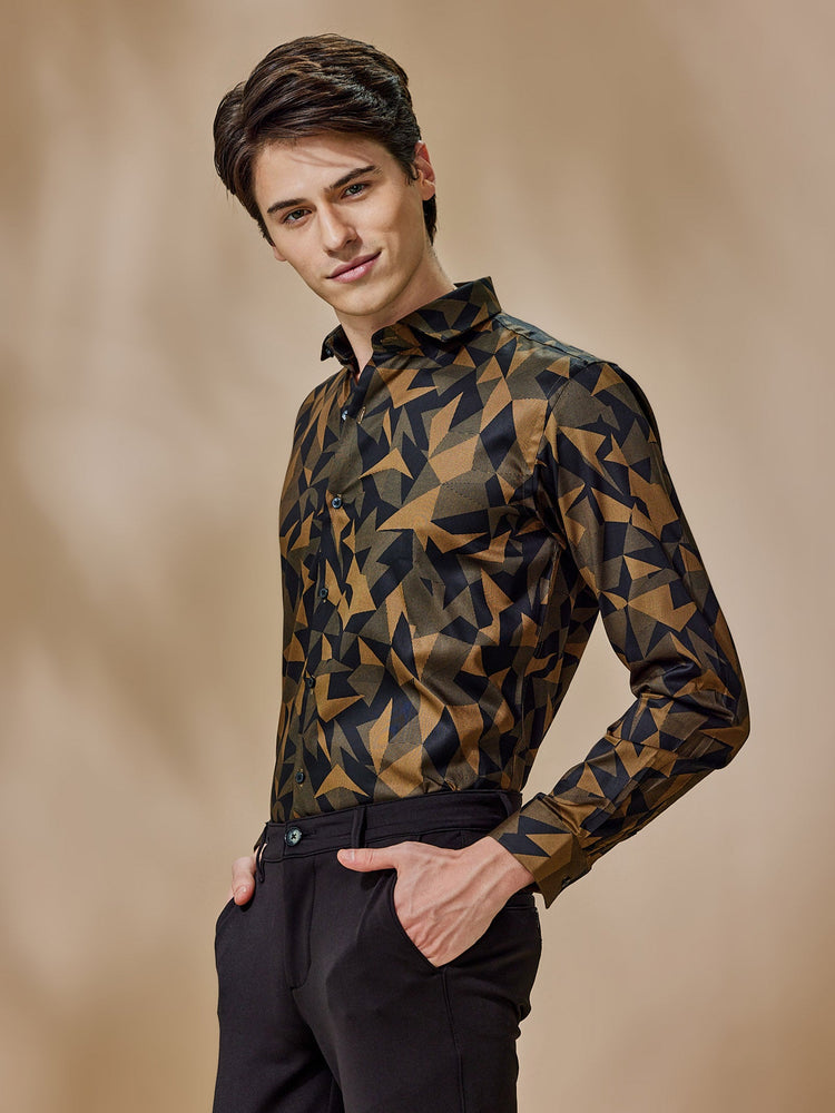 Khaki Printed Party Wear Shirt