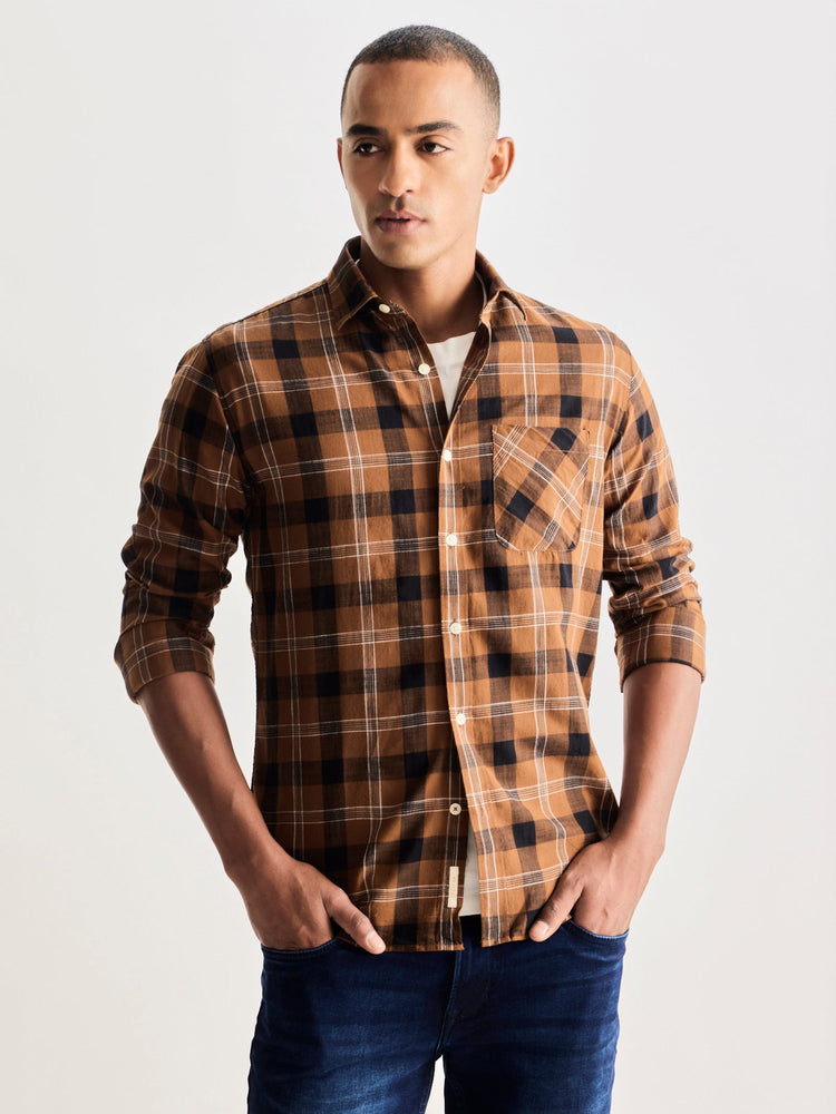 Brown Pure Cotton Checked Shirt