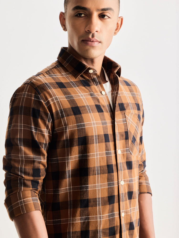 Brown Pure Cotton Checked Shirt