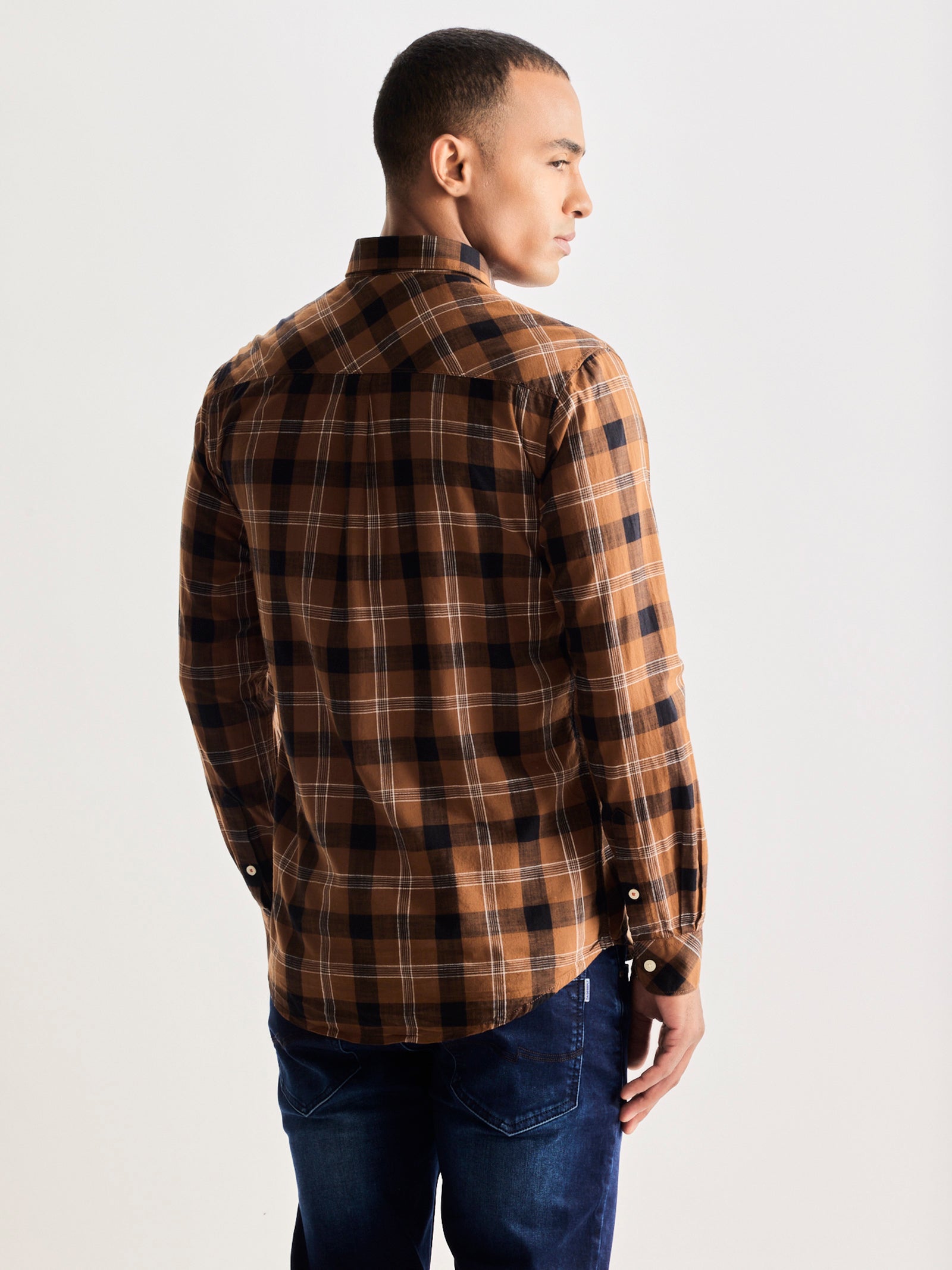 Brown Pure Cotton Checked Shirt