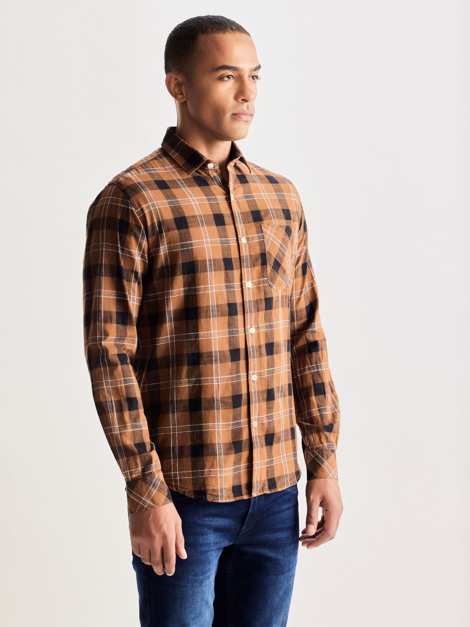 Brown Pure Cotton Checked Shirt