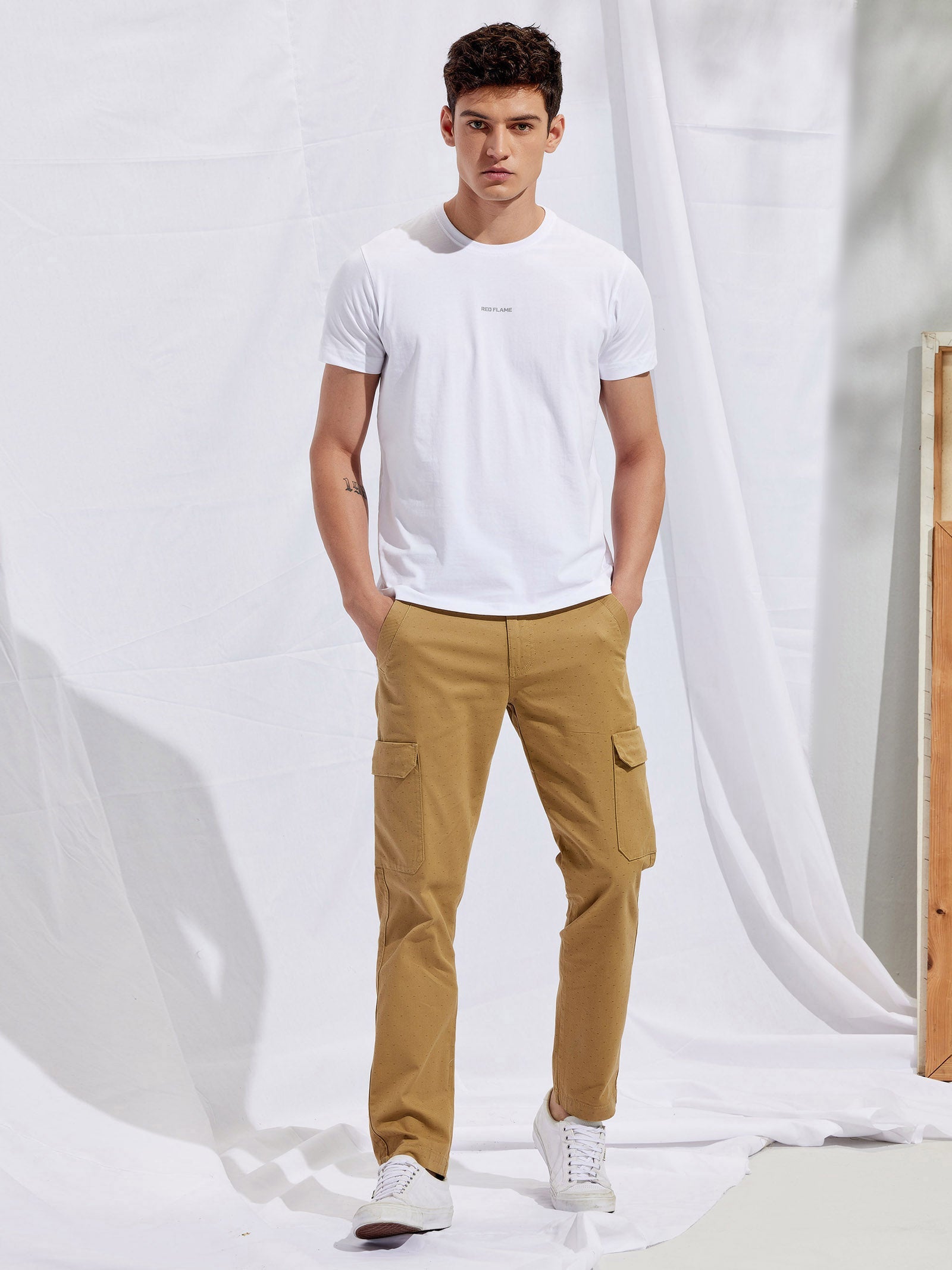 Khaki Stretch Printed Cargo Trouser