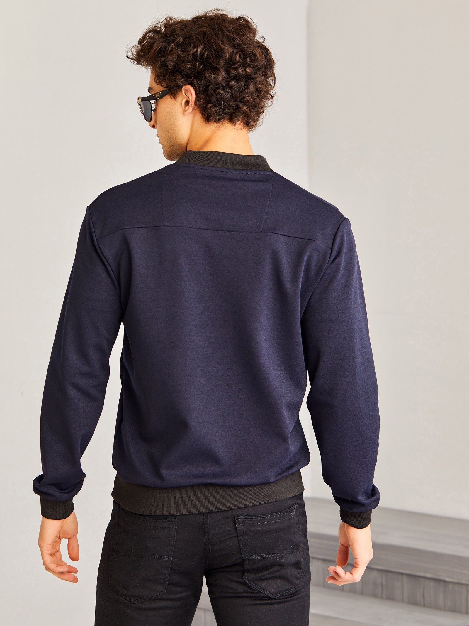 Navy Solid 4-Way Stretch Bomber Jacket