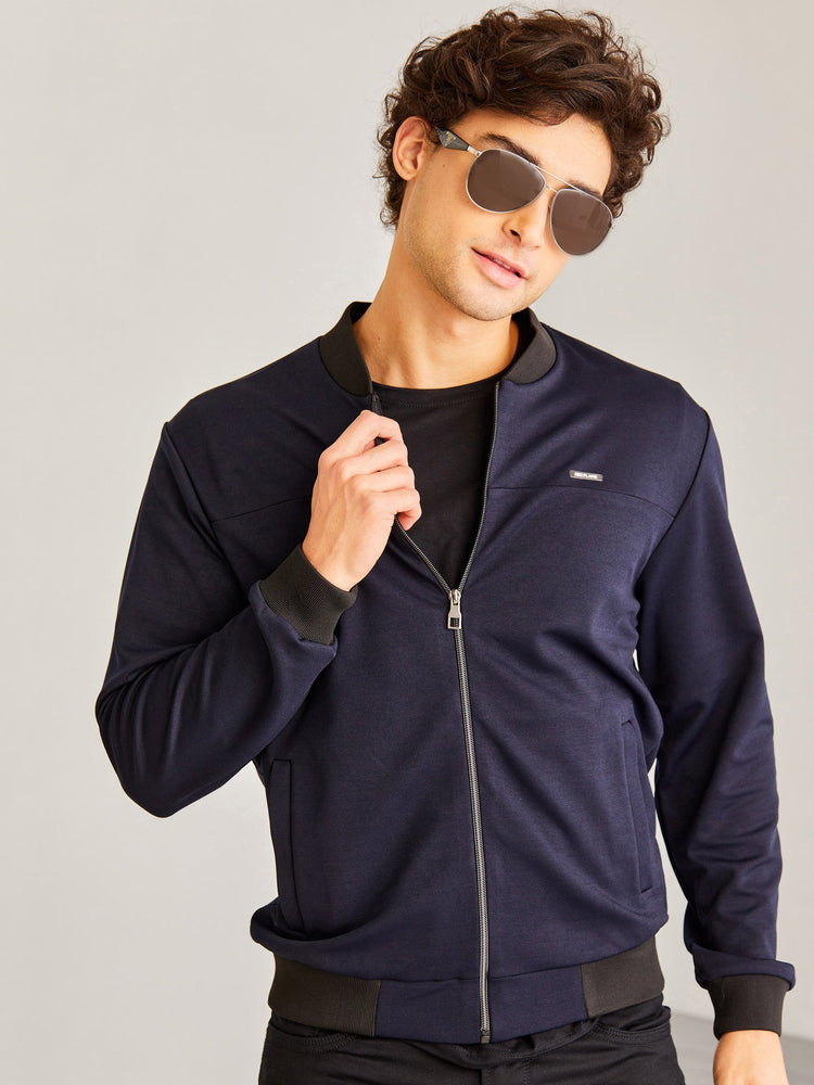 Navy Solid 4-Way Stretch Bomber Jacket