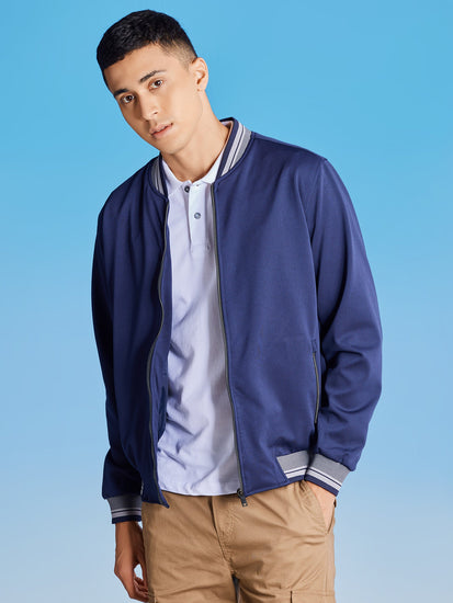 Navy Textured 4-Way Stretch Bomber Jacket