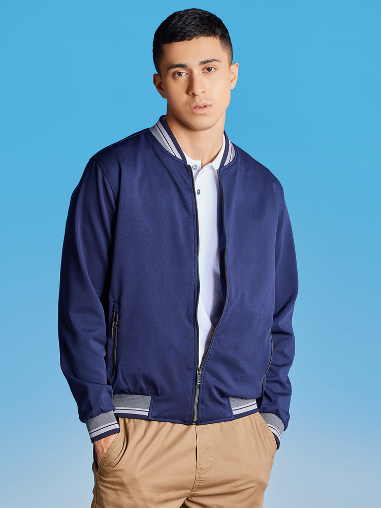 Navy Textured 4-Way Stretch Bomber Jacket