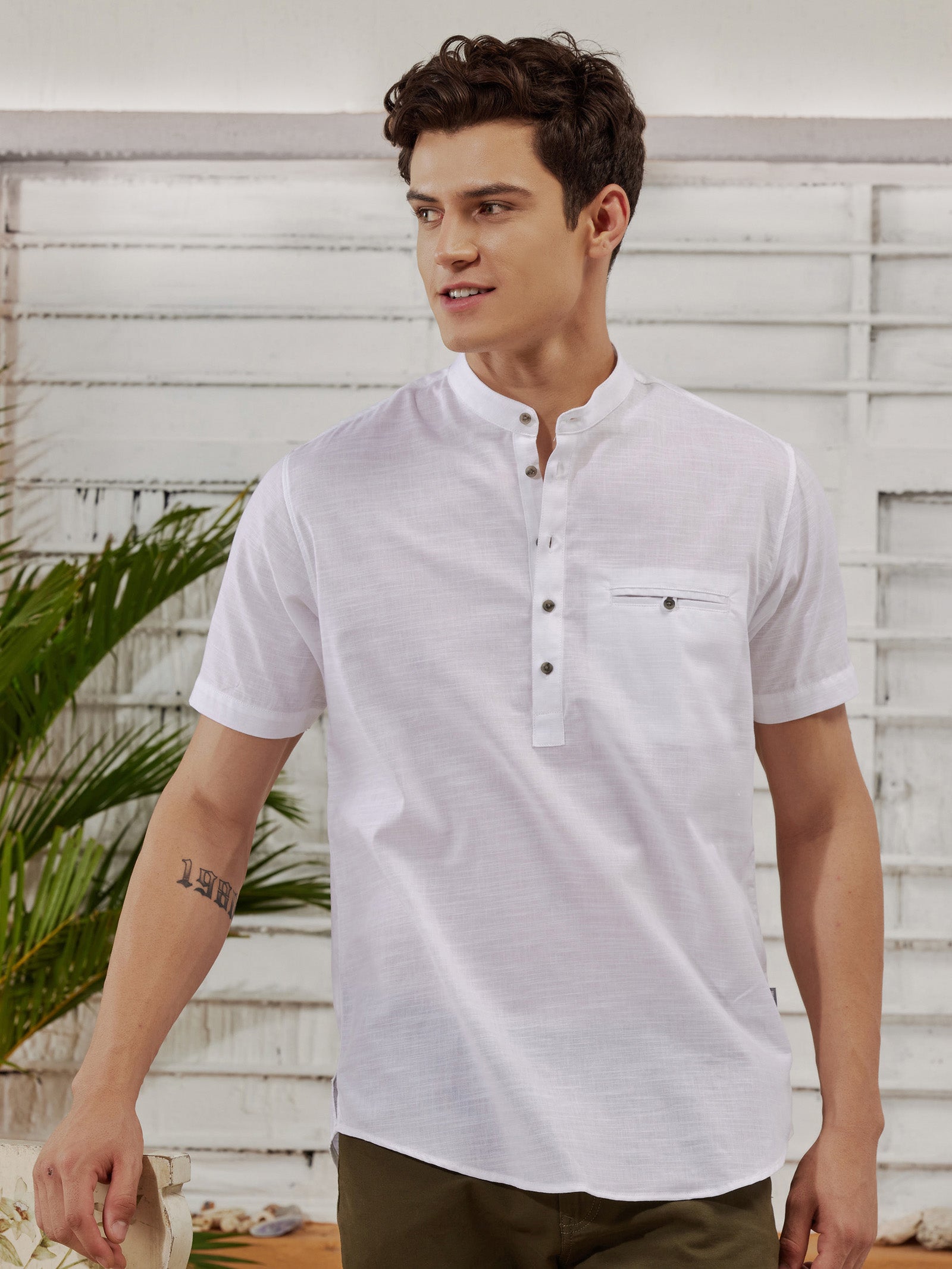 White Slub Short Sleeve Kurta