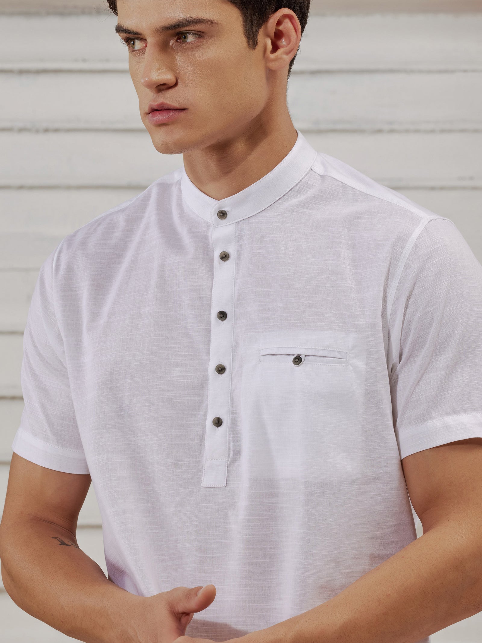 White Slub Short Sleeve Kurta